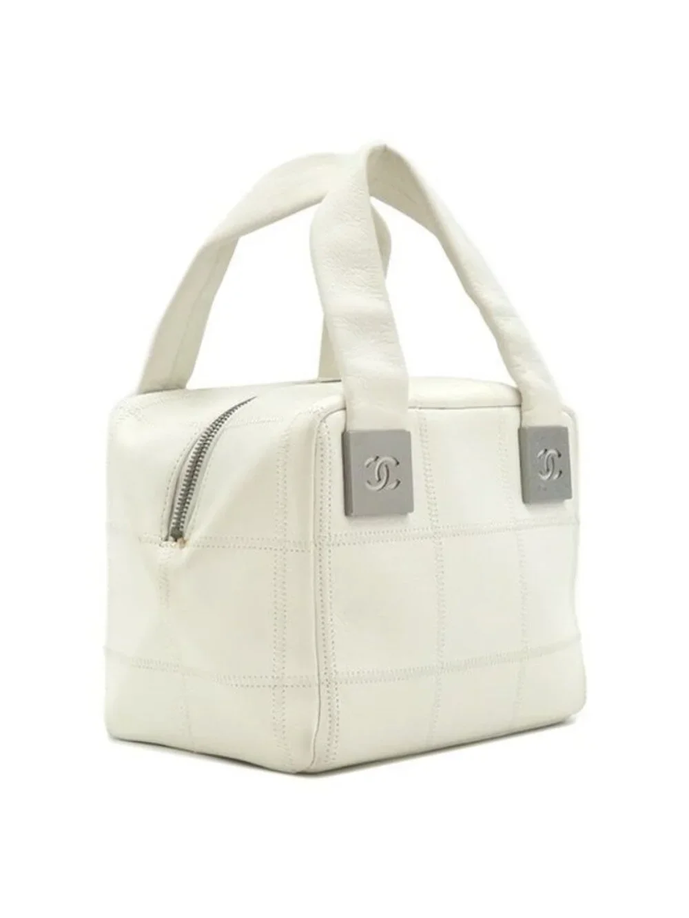 Chanel Handle Choco Bar Mini Boston Caviar Leather White Gunmetal Plaid Handbag